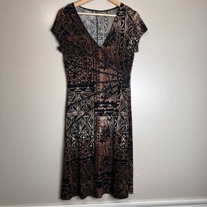 Chic & Gorgeous Black & Brown Geometric Flattering Fit Midi Dress Sz S-M EUC